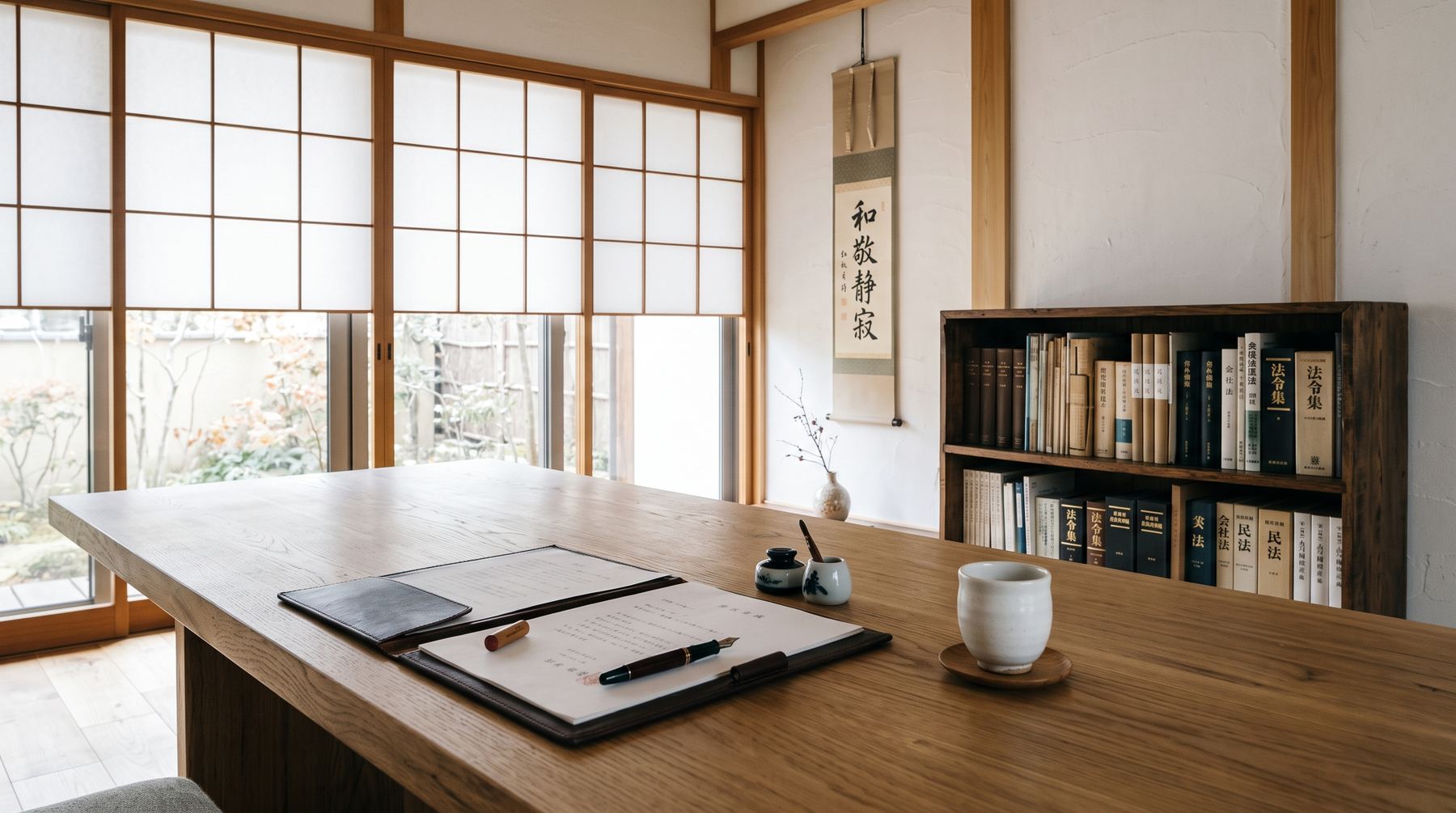 白鷺司法書士事務所の相談室。障子越しのやわらかい光が差す、無垢材の打ち合わせテーブル。